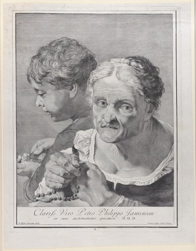 Gammel kvinne med en rosenkrans og en gutt som teller mynter, 1743. av Giovanni Cattini