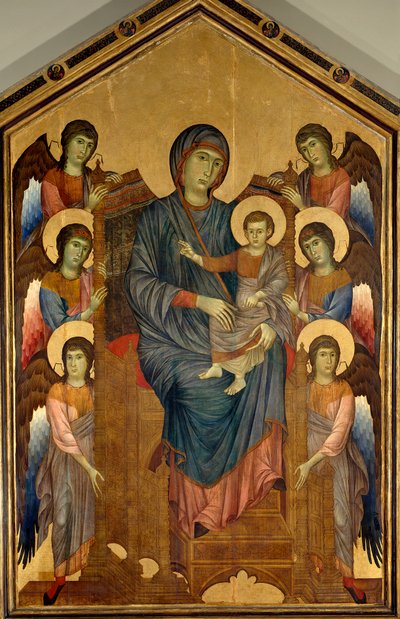 Jomfruen og barnet i majestetisk omgitt av seks engler. Maleri av Gualtieri Giovanni dit Cimabue (cirka 1240-1302) av Giovanni Cimabue