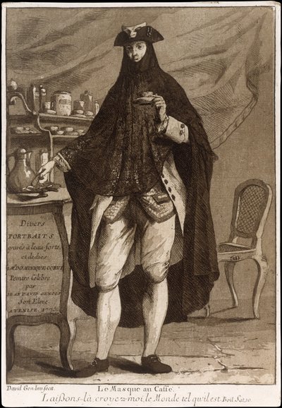 En mann som bærer en maske og drikker en kopp kaffe Le Masque au Caffé, 1775. av Giovanni David