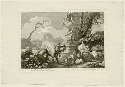 Hyrdefamilie med storfe ved antikk grav av Giovanni David