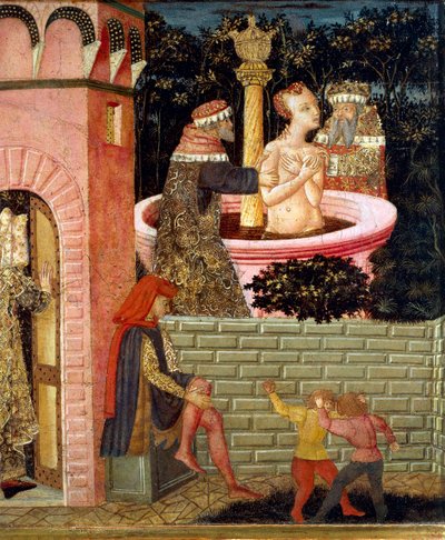 Historier om Susanne, rundt 1450, frontpanel av malt kiste, av Giovanni di Ser Giovanni, kjent som Lo Scheggia (1406-1486), tempera på tredetaljer av Giovanni Di Ser Giovanni Lo Scheggia Guidi