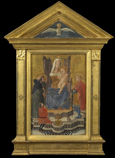 Jomfru og barn på tronen, med de hellige Anthony Abbot og Julian og en giver (pediment over - Den hellige ånd), ca. 1430 (tempera på panel) av Giovanni Di Ser Giovanni Lo Sheggia (attr. to) Guidi