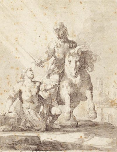 Soldat i antikke klær svinger et sverd over en knelende soldat av Giovanni Domenico Ferretti