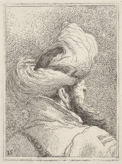 Skjeggete mann med turban, avbildet som byste bakfra i trekvart profil, fra «Samling av hoder» (Raccolta di teste) av Giovanni Domenico Tiepolo