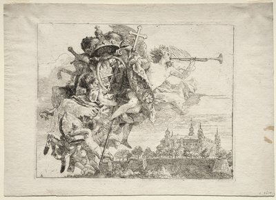 Flyvning til Egypt: Dedikasjon med bevinget berømmelsesfigur som bærer våpenet til prins-biskopen av Würzburg av Giovanni Domenico Tiepolo