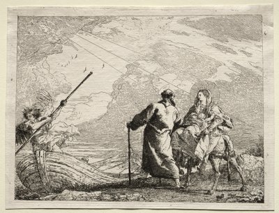 Fly til Egypt: Den hellige familie ankommer elvebredden av Giovanni Domenico Tiepolo