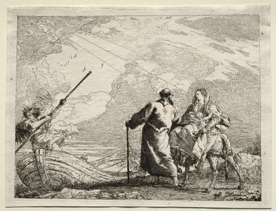 Flytur til Egypt: Den hellige familie ankommer elvebredden. av Giovanni Domenico Tiepolo