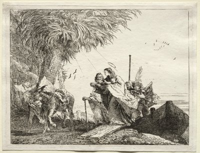 Flyvning til Egypt: Den hellige familie, ilandstigning. av Giovanni Domenico Tiepolo