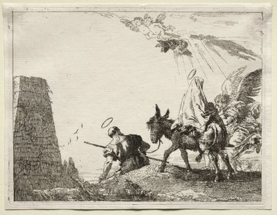 Fly til Egypt: Den hellige familie passerer nær en pyramide. av Giovanni Domenico Tiepolo