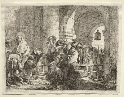 Flyvning til Egypt: Den hellige familie går under en bue. av Giovanni Domenico Tiepolo