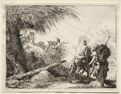 Flyvning til Egypt: Den hellige familie og palmetreet. av Giovanni Domenico Tiepolo