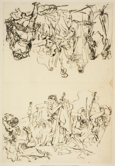 Brettet ark med "Martyrdøden til St Stephen og Agrippina lander i Brindisi med asken til Germanicus" av Giovanni Domenico Tiepolo