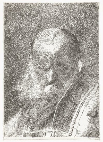 Geistlig med skallet hode i kapsel Samling av hoder (serietittel) Raccolta di Teste (serietittel) av Giovanni Domenico Tiepolo