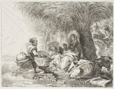 Joseph Adoring the Child Mens Two Angels Sing, plate nitten fra The Flight into Egypt av Giovanni Domenico Tiepolo