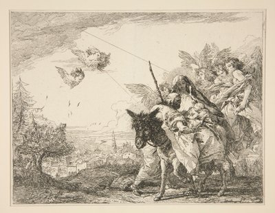 Joseph Contemplates the Infant Jesus, fra serien Picturesque Ideas over the Flight into Egypt (Flight into Egypt) av Giovanni Domenico Tiepolo