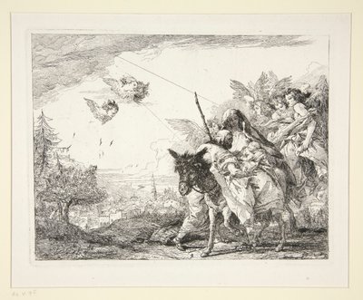 Joseph Contemplates the Infant Jesus, fra serien Picturesque Ideas over the Flight into Egypt (Flight into Egypt) av Giovanni Domenico Tiepolo