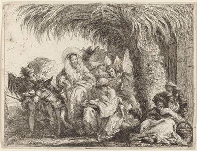 Joseph kneler med barnet foran Maria på eselet av Giovanni Domenico Tiepolo
