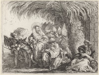 Joseph kneler med barnet foran Maria på eselet av Giovanni Domenico Tiepolo