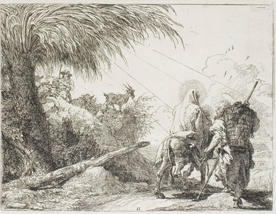 Joseph og Mary passerer en hyrde og hans flokk, tallerken elleve fra The Flight into Egypt av Giovanni Domenico Tiepolo