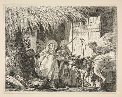 Josef og Maria foran et hus, fra serien Idee pittoresche sopra la fuga in Egitto (Flight into Egypt) av Giovanni Domenico Tiepolo