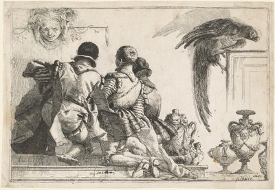 Knestående sider, en maske og en papegøye av Giovanni Domenico Tiepolo