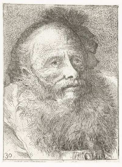 Mann med skjegg og hodeplagg med fjær Samling av hoder (serietittel) Raccolta di Teste (serietittel) av Giovanni Domenico Tiepolo