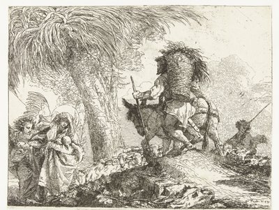 Maria med barn støttet av en engel og Josef fører et esel forbi en hyrde med sauer Fly til Egypt (serietittel) Idea pittoreske sopra la fugga i Egitto (serietittel) av Giovanni Domenico Tiepolo