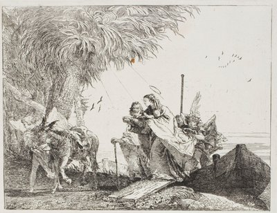 Mary, hjulpet av Josef og en engel, går ut av båten, tallerken atten fra The Flight into Egypt av Giovanni Domenico Tiepolo
