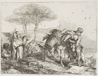 Mary, hjulpet av to engler, følger Josef med eselet, plate 25 fra The Flight into Egypt av Giovanni Domenico Tiepolo