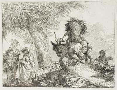 Mary, hjulpet av en engel, og Joseph som bærer kurven, passerer en flokk, plate 24 fra The Flight into Egypt av Giovanni Domenico Tiepolo