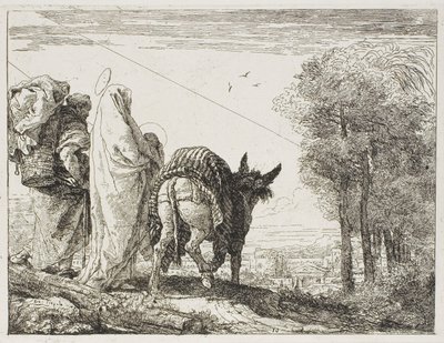 Maria holder barnet i armene og Josef med kurven, tallerken ti fra The Flight into Egypt av Giovanni Domenico Tiepolo