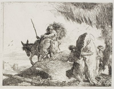 Mary, støttet av to engler, følger Joseph, plate 26 fra The Flight into Egypt av Giovanni Domenico Tiepolo