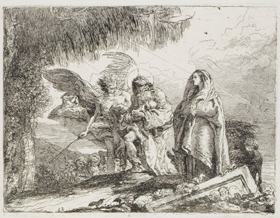 Mary og Joseph, Holding the Child, blir eskortert av en engel, tallerken tolv fra The Flight into Egypt av Giovanni Domenico Tiepolo