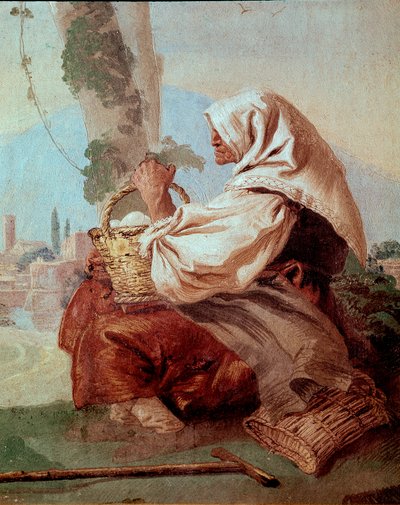 Gammel bondekvinne med en kurv med egg, fra 'Foresteria' (gjestehus) av Giovanni Domenico Tiepolo