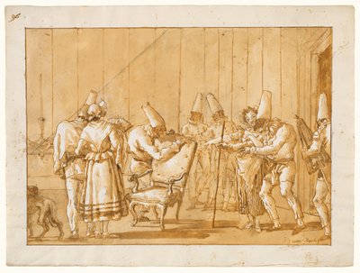 Punchinello blir hjulpet til en stol av Giovanni Domenico Tiepolo