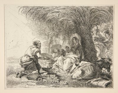 Saint Joseph Adoring the Infant Jesus, fra serien Idee pittoresche sopra la fuga in Egitto (Flight into Egypt) av Giovanni Domenico Tiepolo