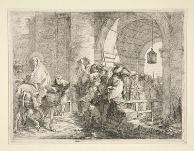 The Arrival of the Holy Family at the Gate of a Town, fra serien Idee pittoresche sopra la fuga in Egitto (Flight into Egypt) av Giovanni Domenico Tiepolo
