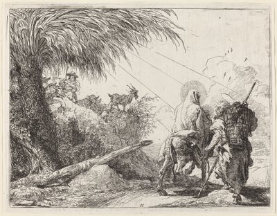 Flykten, hellig familie til høyre, Joseph ser til venstre av Giovanni Domenico Tiepolo