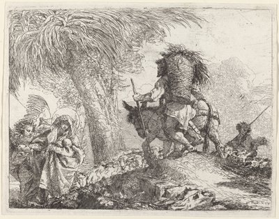 Flykten, Josef til høyre og Maria og engel til venstre av Giovanni Domenico Tiepolo