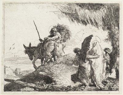 The Flight, med Madonna til høyre støttet av engler av Giovanni Domenico Tiepolo