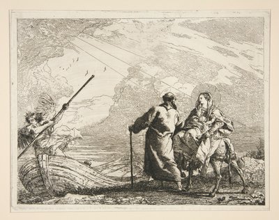 The Holy Family Arrives at the Edge of a River, fra serien Idee pittoresche sopra la fuga in Egitto (Flight into Egypt) av Giovanni Domenico Tiepolo
