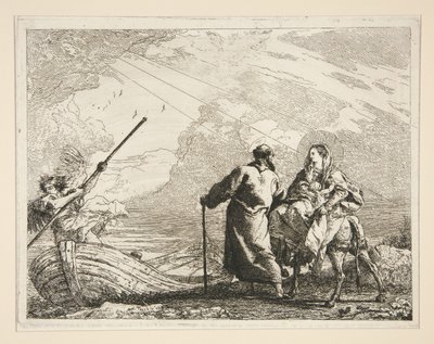Den hellige familie kommer til bredden av en elv, fra serien Idee pittoresche sopra la fuga in Egitto (Flukten til Egypt) av Giovanni Domenico Tiepolo