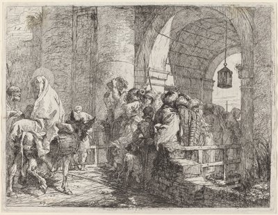 Den hellige familie ankommer en byport av Giovanni Domenico Tiepolo