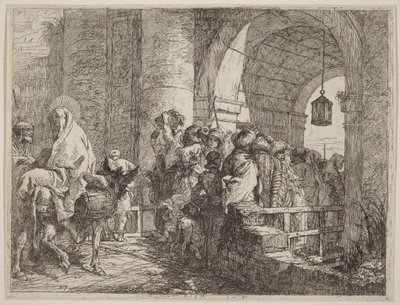 Den hellige familie ankommer til en byport av Giovanni Domenico Tiepolo