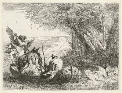 Den hellige familie blir ferget over elven av Giovanni Domenico Tiepolo