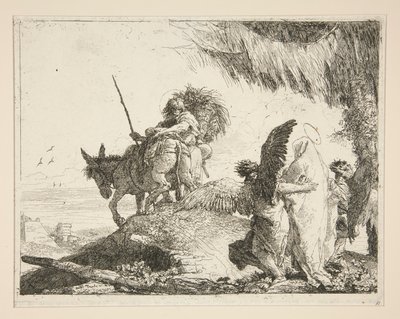 The Holy Family Between Two Angels, fra serien Idee pittoresche sopra la fuga in Egitto (Flight into Egypt) av Giovanni Domenico Tiepolo