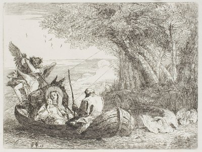 The Holy Family Crossing the Lake in the Boat, plate sytten fra The Flight into Egypt av Giovanni Domenico Tiepolo