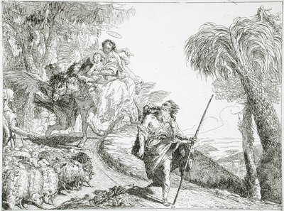 Den hellige familie som går ned en skogsti, nær en flokk og noen gjetere av Giovanni Domenico Tiepolo