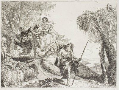Den hellige familie på vei nedover en skogssti, nær en flokk og noen hyrder, plate 21 fra The Flight into Egypt av Giovanni Domenico Tiepolo