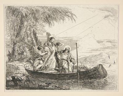 The Holy Family Enters a Boat, fra serien Idee pittoresche sopra la fuga in Egitto (Flight into Egypt) av Giovanni Domenico Tiepolo